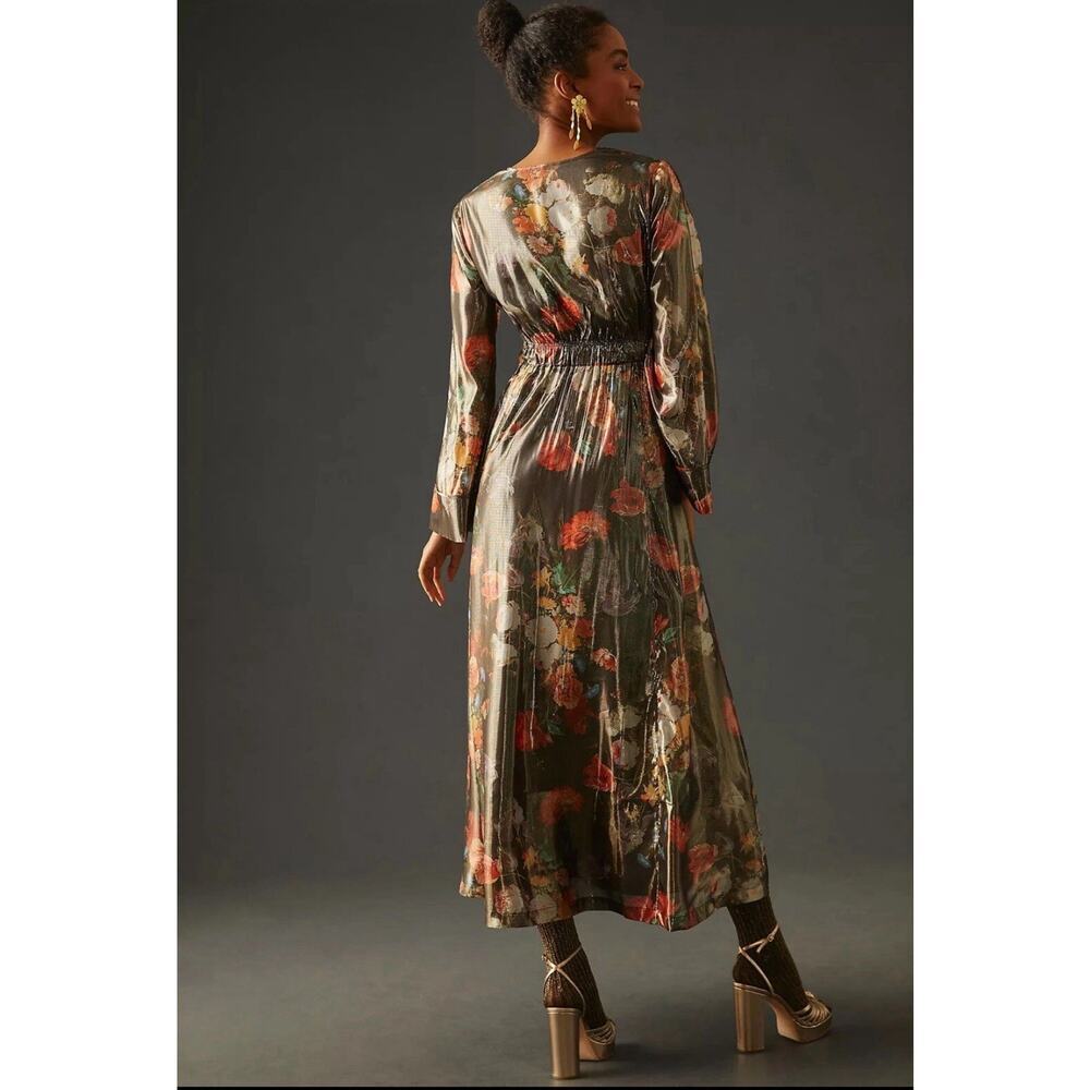 NWT Anthropologie Caballero Deep V Maxi Dress Large Floral Shimmer Fabric New - Picture 2 of 10